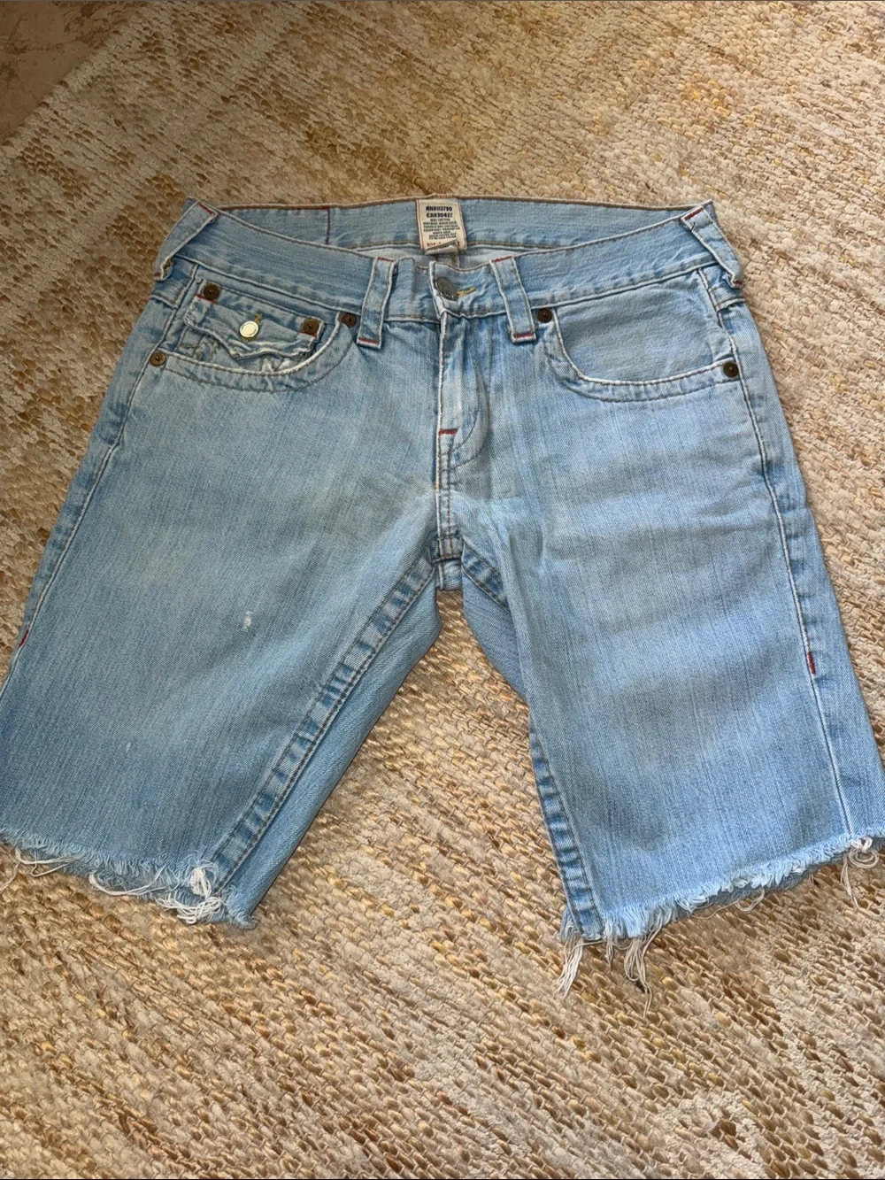 True Religion Light Blue Cutoff Denim Shorts with Back Pocket Flap